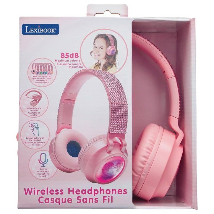 LEXIBOOK - Casque lumineux pliable Bluetooth et filaire avec un design 3D strass roses avec limitation du volume LEXIBOOK - Casque lumineux pliable Bluetooth et filaire avec un design 3D strass roses avec limitation du volume