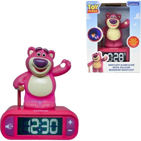 LEXIBOOK - Réveil veilleuse Lotso - Sons et mélodies, écran LCD rétro-éclairé et lumineux - Rouge, Blanc