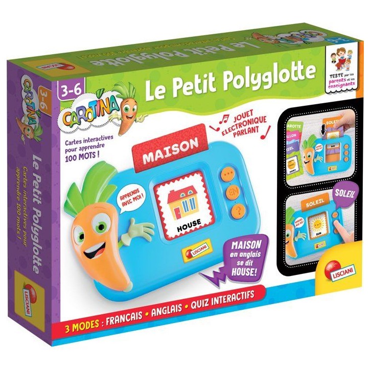CAROTINA Le Petit Polyglotte - Jeu Éducatif Bilingue - LISCIANIGIOCHI - 100 Mots & Quiz Interactif - Des 3 ans CAROTINA Le Petit Polyglotte - Jeu Éducatif Bilingue - LISCIANIGIOCHI - 100 Mots & Quiz Interactif - Des 3 ans