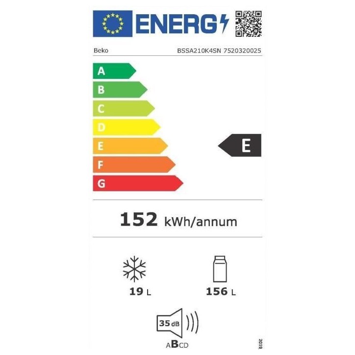 Réfrigérateur - BEKO - BSSA210K4SN - 1 porte - Intégrable - 175 L (156 L + 19 L) - Largeur 54 cm - Froid statique - Classe E Réfrigérateur - BEKO - BSSA210K4SN - 1 porte - Intégrable - 175 L (156 L + 19 L) - Largeur 54 cm - Froid statique - Classe E