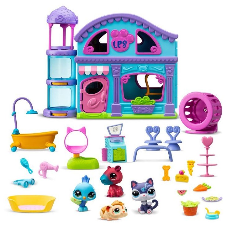 Coffret de jeu avec 4 Pet Shop inclus et + 20 accessoires - BANDAI - Littlest Pet Shop - La grande maison des Pet Shop deluxe