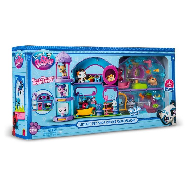 Coffret de jeu avec 4 Pet Shop inclus et + 20 accessoires - BANDAI - Littlest Pet Shop - La grande maison des Pet Shop deluxe