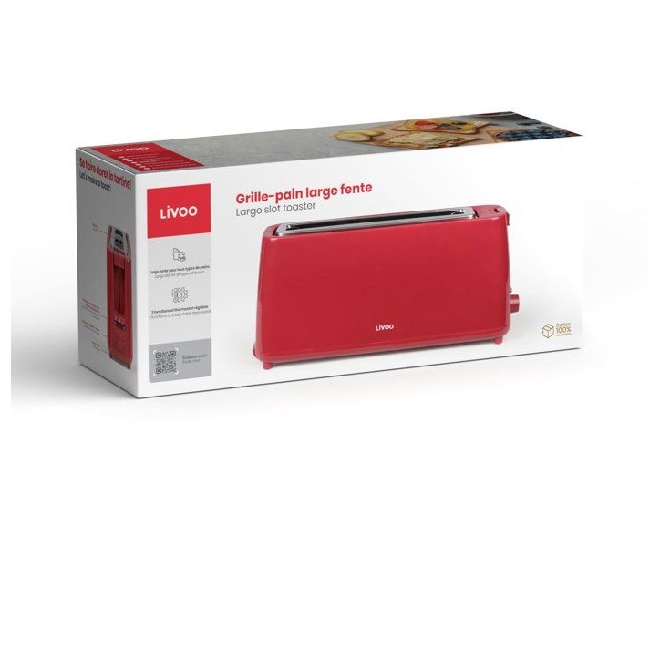 Grille-pain fente longue - LIVOO - DOD168RC - 900 W - Thermostat réglable : 7 niveaux - Rouge Grille-pain fente longue - LIVOO - DOD168RC - 900 W - Thermostat réglable : 7 niveaux - Rouge