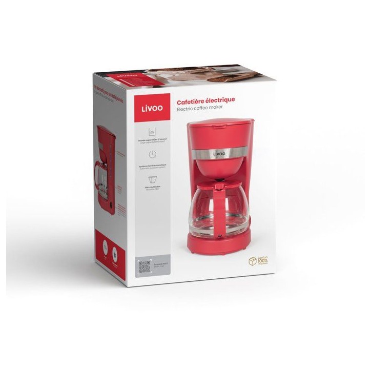 Cafetiere électrique - LIVOO - DOD200RC - 750 W - 1,25 L - 10 a 12 tasses - Rouge chili Cafetiere électrique - LIVOO - DOD200RC - 750 W - 1,25 L - 10 a 12 tasses - Rouge chili