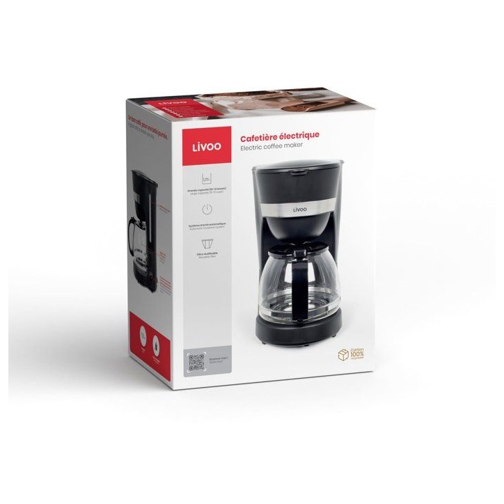 Cafetiere électrique - LIVOO - DOD200N - 750 W - 1,25 L - 10 a 12 tasses - Noir Cafetiere électrique - LIVOO - DOD200N - 750 W - 1,25 L - 10 a 12 tasses - Noir