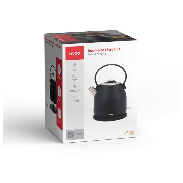Bouilloire rétro - LIVOO - DOD202N - 2200 W - 1,5 L - Socle 360° - Noir Bouilloire rétro - LIVOO - DOD202N - 2200 W - 1,5 L - Socle 360° - Noir