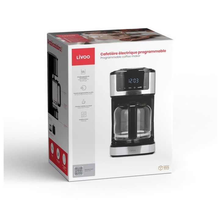 Cafetiere électrique programmable - LIVOO - DOD208 - 900 W - 1,8 L - 12 a 15 tasses - Noir Cafetiere électrique programmable - LIVOO - DOD208 - 900 W - 1,8 L - 12 a 15 tasses - Noir