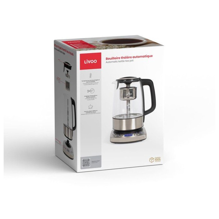 Bouilloire automatique - LIVOO - DOD209 - 2200 W - 1,7 L - 3 modes d'infusion préréglés - Verre / Acier inoxydable Bouilloire automatique - LIVOO - DOD209 - 2200 W - 1,7 L - 3 modes d'infusion préréglés - Verre / Acier inoxydable