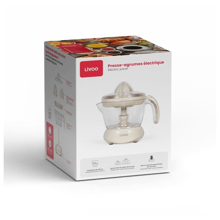 Presse-agrumes électrique - LIVOO - DOD131C - 25 W - 1 grand cône et 1 petit cône - 700 ml - Blanc cassé Presse-agrumes électrique - LIVOO - DOD131C - 25 W - 1 grand cône et 1 petit cône - 700 ml - Blanc cassé