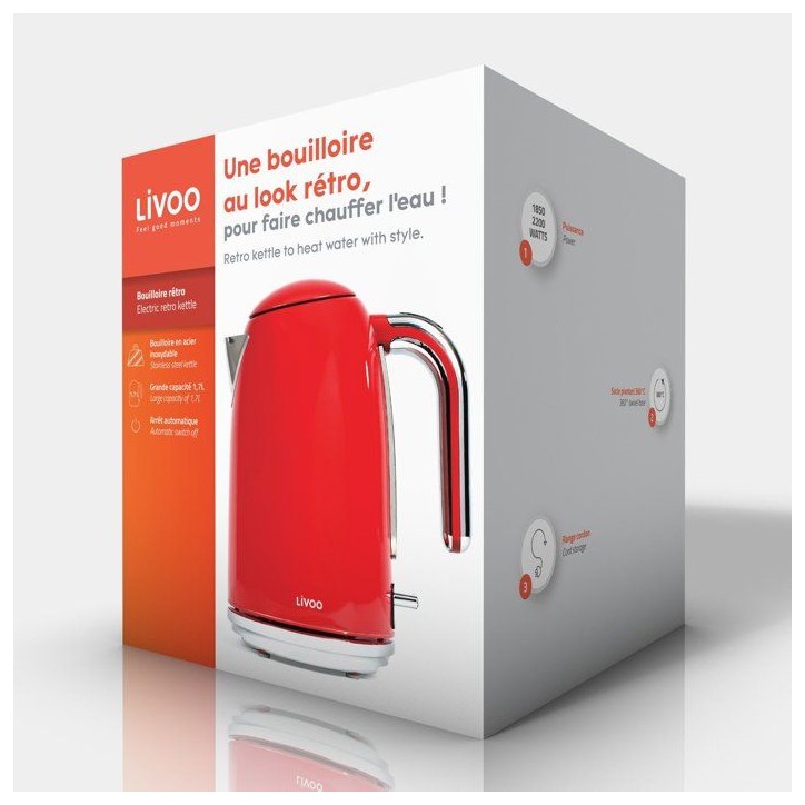 Bouilloire rétro - LIVOO - DOD180R - 2200 W - 1,7 L - Socle 360° - Rouge Bouilloire rétro - LIVOO - DOD180R - 2200 W - 1,7 L - Socle 360° - Rouge
