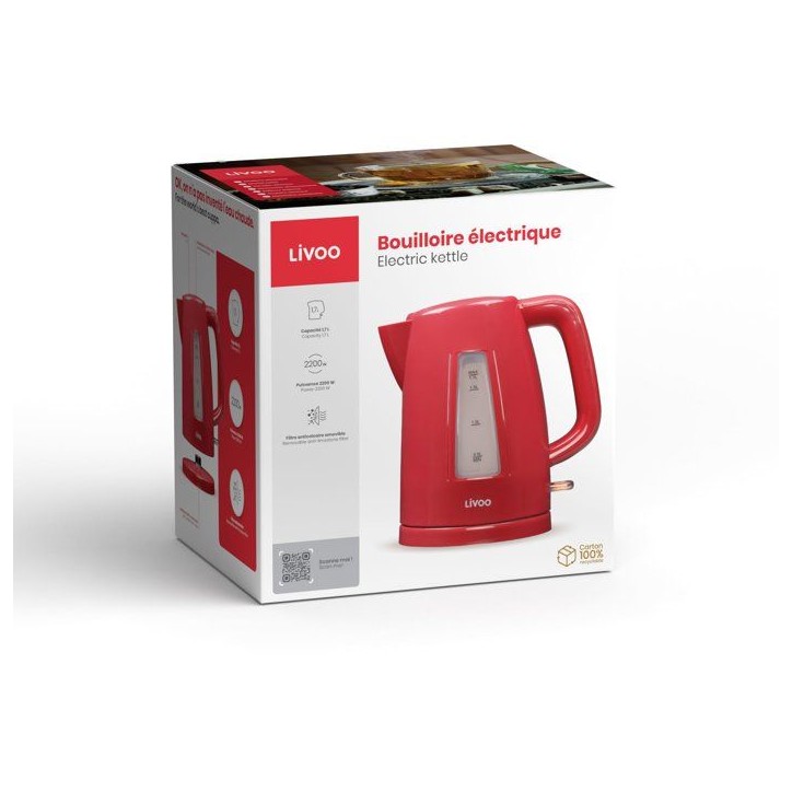 Bouilloire - LIVOO - DOD184RC - 2200 W - 1,7 L - Socle 360° - Rouge Bouilloire - LIVOO - DOD184RC - 2200 W - 1,7 L - Socle 360° - Rouge