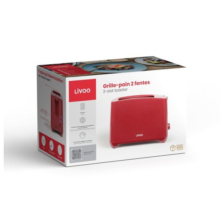 Grille-pain 2 fentes - LIVOO - DOD162RC - 750 W - Thermostat réglable : 7 niveaux - Rouge