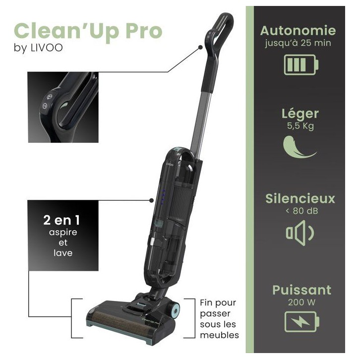 Aspirateur balai laveur sans fil - LIVOO DOH147V CLEAN'UP PRO - 11 000 Pa - 200 W - 25 min - 600 ml - 80 dB - Noir Aspirateur balai laveur sans fil - LIVOO DOH147V CLEAN'UP PRO - 11 000 Pa - 200 W - 25 min - 600 ml - 80 dB - Noir