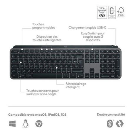 Clavier - Sans fil - Logitech - MX Keys S Plus- AZERTY - Repose poignet - Noir