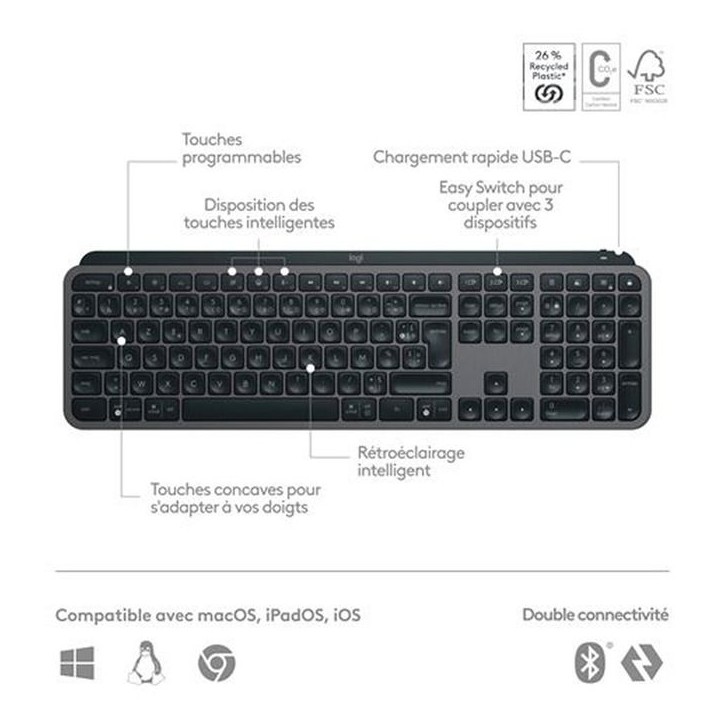 Clavier - Sans fil - Logitech - MX Keys S Plus- AZERTY - Repose poignet - Noir Clavier - Sans fil - Logitech - MX Keys S Plus- AZERTY - Repose poignet - Noir