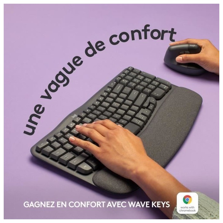 Clavier - Sans fil - Logitech - Wave Keys - AZERTY - Ergonomique - Repose poignets Clavier - Sans fil - Logitech - Wave Keys - AZERTY - Ergonomique - Repose poignets