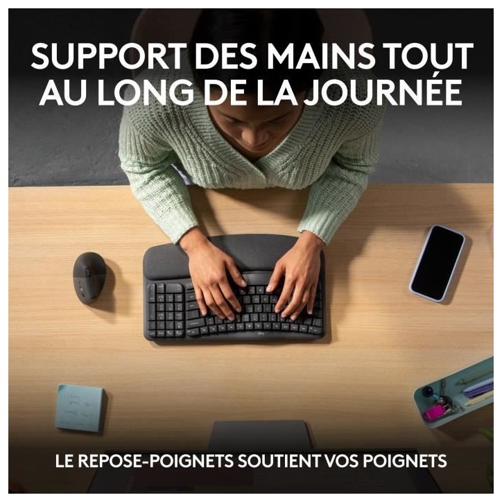 Clavier - Sans fil - Logitech - Wave Keys - AZERTY - Ergonomique - Repose poignets Clavier - Sans fil - Logitech - Wave Keys - AZERTY - Ergonomique - Repose poignets