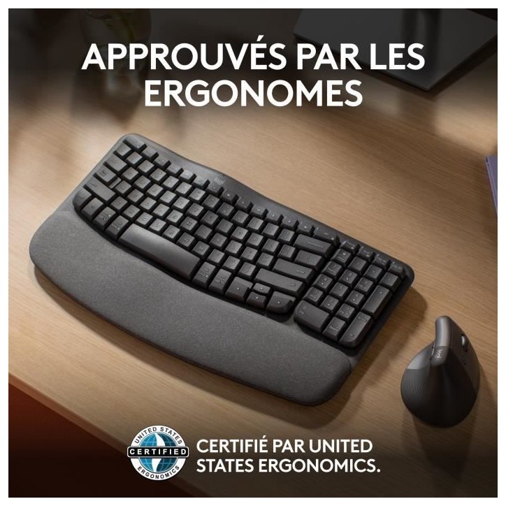 Clavier - Sans fil - Logitech - Wave Keys - AZERTY - Ergonomique - Repose poignets Clavier - Sans fil - Logitech - Wave Keys - AZERTY - Ergonomique - Repose poignets