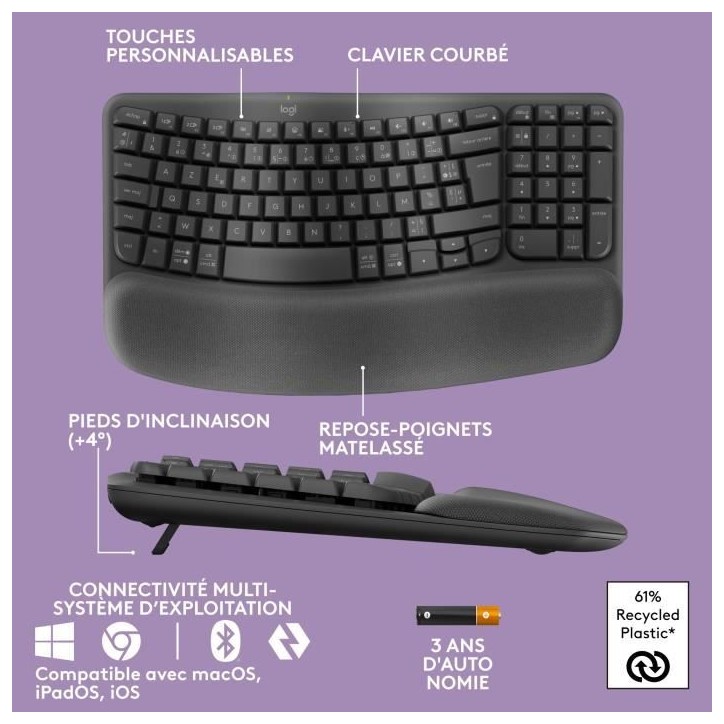 Clavier - Sans fil - Logitech - Wave Keys - AZERTY - Ergonomique - Repose poignets Clavier - Sans fil - Logitech - Wave Keys - AZERTY - Ergonomique - Repose poignets