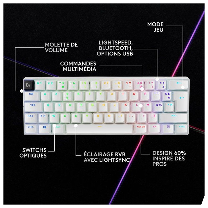Clavier gamer - Sans fil - Logitech G - G Pro X 60 - Lightspeed - Blanc Clavier gamer - Sans fil - Logitech G - G Pro X 60 - Lightspeed - Blanc