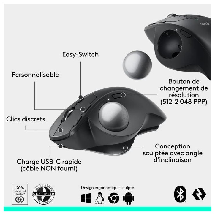 Souris ergonomique - sans fil - Logitech - MX ERGO S - Graphite Souris ergonomique - sans fil - Logitech - MX ERGO S - Graphite