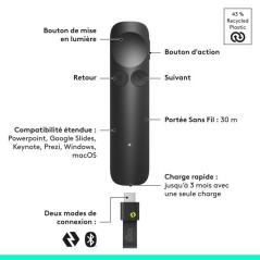 Télécommande de présentation - Sans fil - Logitech - Spotlight 2 - Bluetooth/USB-C - Graphite