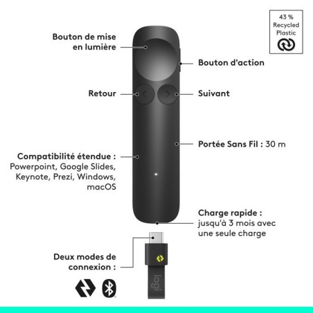 Télécommande de présentation - Sans fil - Logitech - Spotlight 2 - Bluetooth/USB-C - Graphite