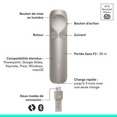 Télécommande de présentation - Sans fil - Logitech - Spotlight 2 - Bluetooth/USB-C - Sable