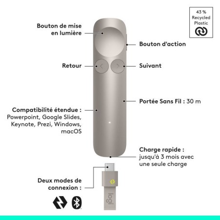 Télécommande de présentation - Sans fil - Logitech - Spotlight 2 - Bluetooth/USB-C - Sable