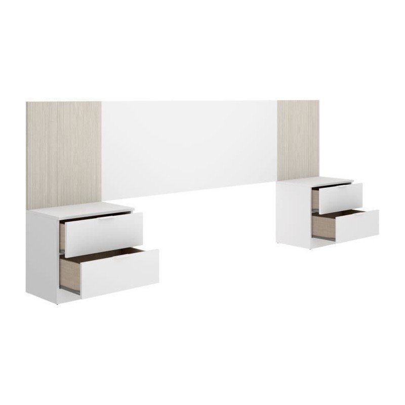 Tete de lit avec chevets intégrés - LOMA - Blanc / Bois - 258,6 x 34