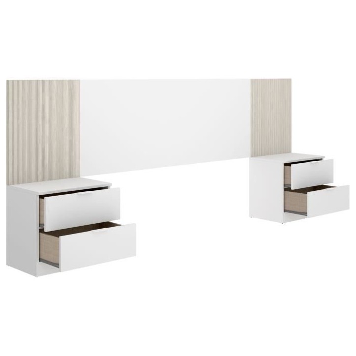 Tete de lit avec chevets intégrés - LOMA - Blanc / Bois - 258,6 x 34,2 x 106 cm Tete de lit avec chevets intégrés - LOMA - Blanc / Bois - 258,6 x 34,2 x 106 cm