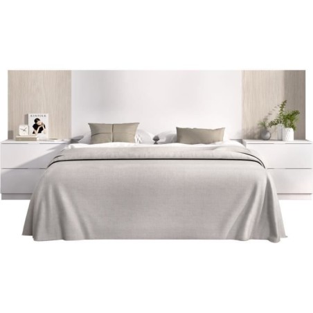 Tete de lit avec chevets intégrés - LOMA - Blanc / Bois - 258,6 x 34,2 x 106 cm