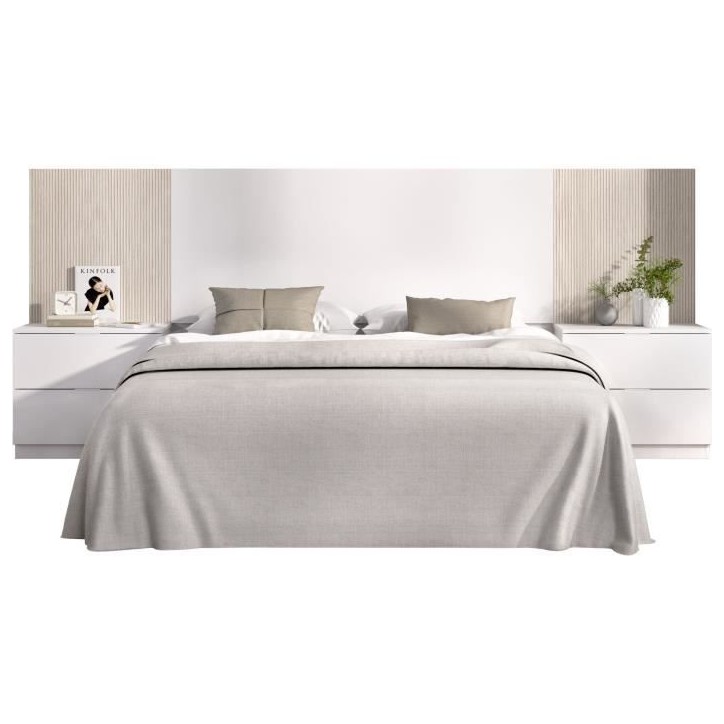 Tete de lit avec chevets intégrés - LOMA - Blanc / Bois - 258,6 x 34,2 x 106 cm Tete de lit avec chevets intégrés - LOMA - Blanc / Bois - 258,6 x 34,2 x 106 cm