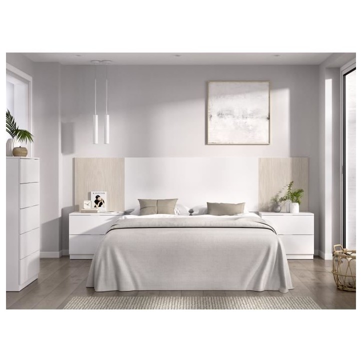 Tete de lit avec chevets intégrés - LOMA - Blanc / Bois - 258,6 x 34,2 x 106 cm Tete de lit avec chevets intégrés - LOMA - Blanc / Bois - 258,6 x 34,2 x 106 cm