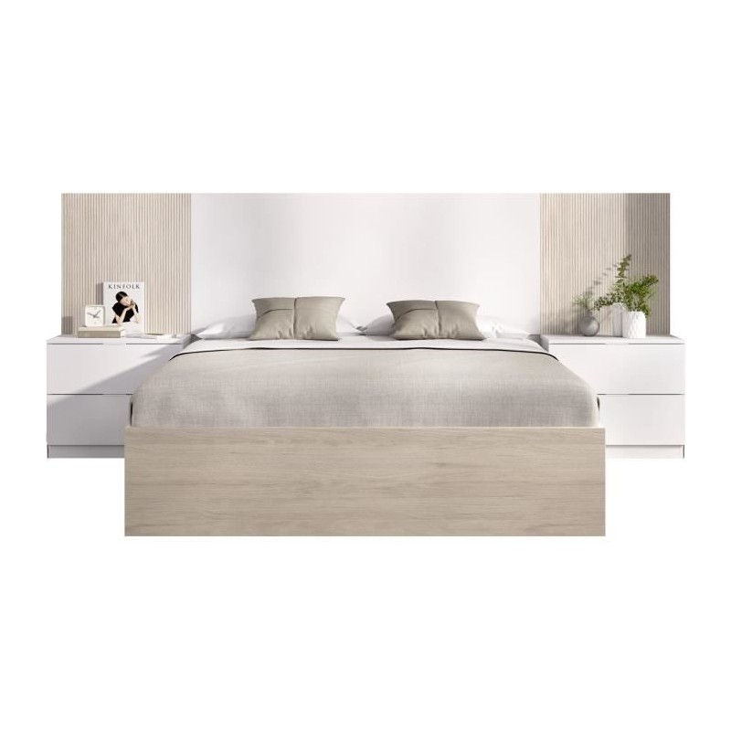 Lit adulte avec chevets intégrés LOMA - 160 x 200 cm - Chene naturel
