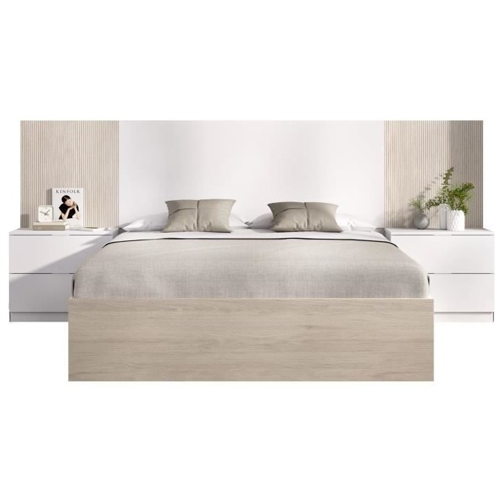 Lit adulte avec chevets intégrés LOMA - 160 x 200 cm - Chene naturel / Blanc Lit adulte avec chevets intégrés LOMA - 160 x 200 cm - Chene naturel / Blanc