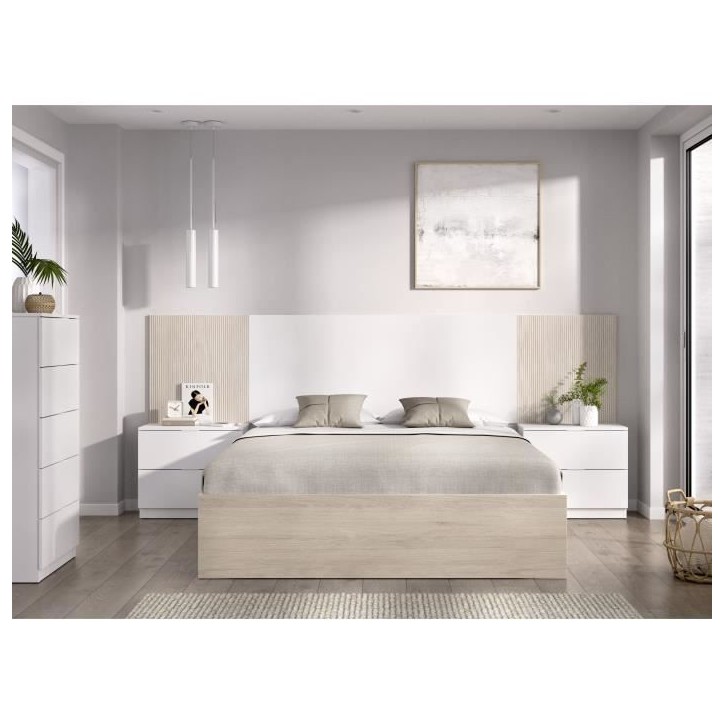 Lit adulte avec chevets intégrés LOMA - 160 x 200 cm - Chene naturel / Blanc Lit adulte avec chevets intégrés LOMA - 160 x 200 cm - Chene naturel / Blanc