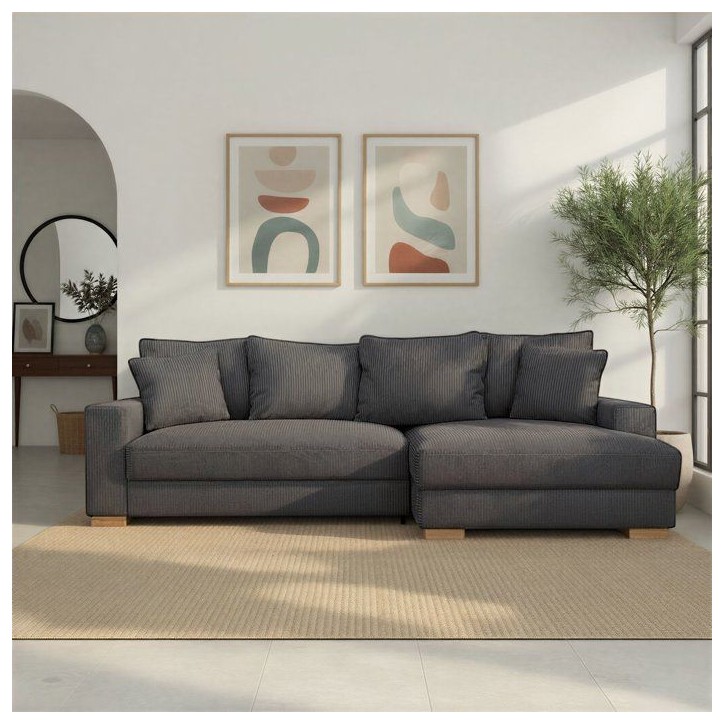 Canapé d'angle convertible réversible - 3 places - MALLO - Tissu velours côtelé Anthracite - 232 x 138/99 x 76 cm Canapé d'angle convertible réversible - 3 places - MALLO - Tissu velours côtelé Anthracite - 232 x 138/99 x 76 cm