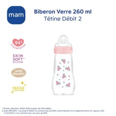 Biberon en verre MAM - Tétine Débit 2 Moyen - Rose