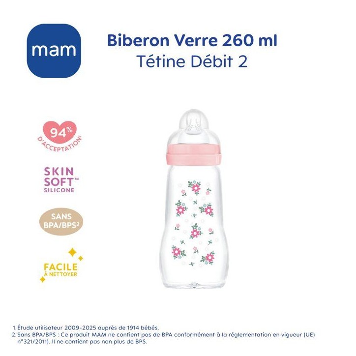 Biberon en verre MAM - Tétine Débit 2 Moyen - Rose Biberon en verre MAM - Tétine Débit 2 Moyen - Rose