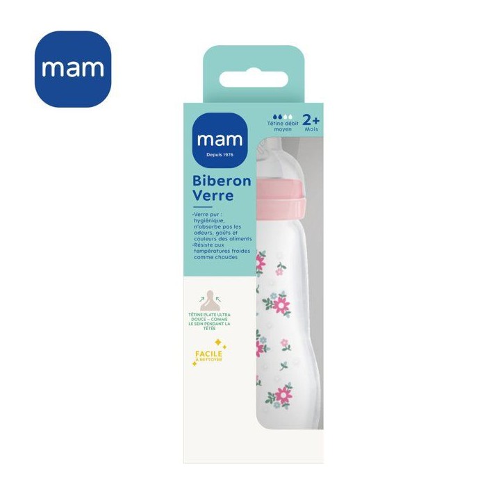 Biberon en verre MAM - Tétine Débit 2 Moyen - Rose Biberon en verre MAM - Tétine Débit 2 Moyen - Rose