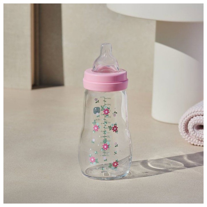 Biberon en verre MAM - Tétine Débit 2 Moyen - Rose Biberon en verre MAM - Tétine Débit 2 Moyen - Rose