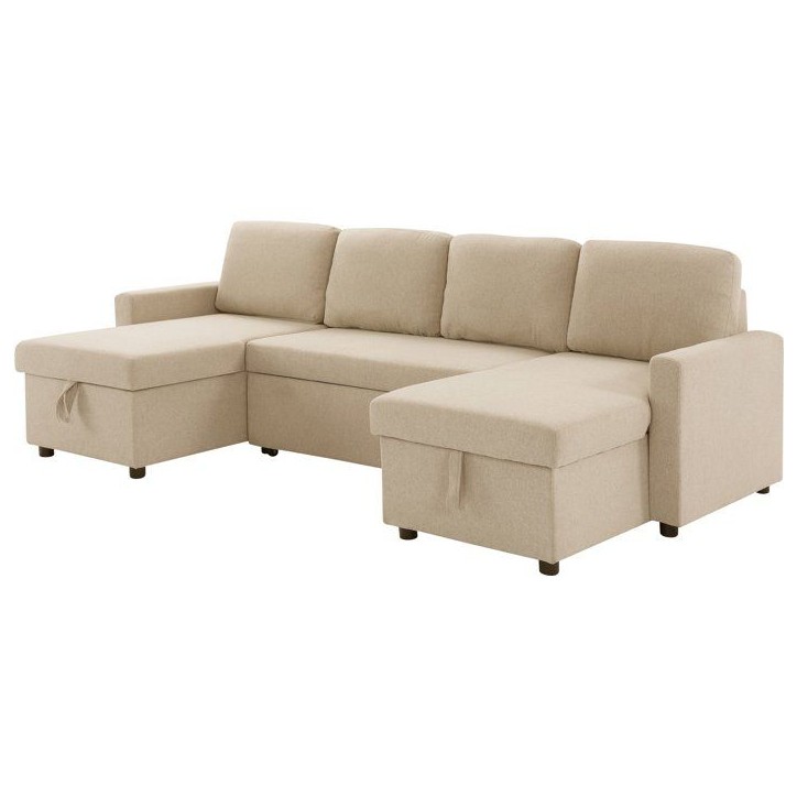 Canapé panoramique convertible - 4 places - MARCEL - Tissu Beige - 2 coffres - 265 x 140 x 87 cm Canapé panoramique convertible - 4 places - MARCEL - Tissu Beige - 2 coffres - 265 x 140 x 87 cm
