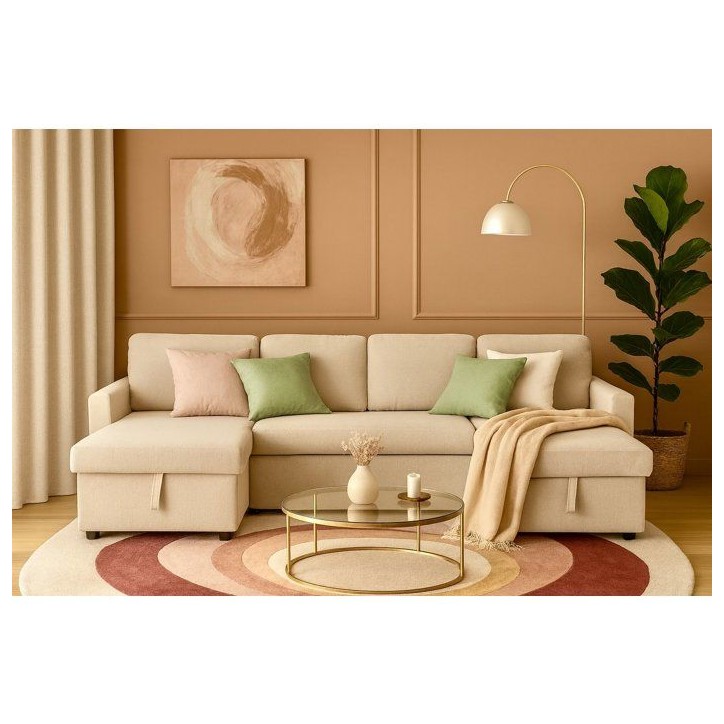 Canapé panoramique convertible - 4 places - MARCEL - Tissu Beige - 2 coffres - 265 x 140 x 87 cm Canapé panoramique convertible - 4 places - MARCEL - Tissu Beige - 2 coffres - 265 x 140 x 87 cm
