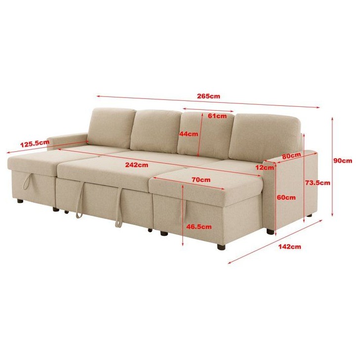 Canapé panoramique convertible - 4 places - MARCEL - Tissu Beige - 2 coffres - 265 x 140 x 87 cm Canapé panoramique convertible - 4 places - MARCEL - Tissu Beige - 2 coffres - 265 x 140 x 87 cm