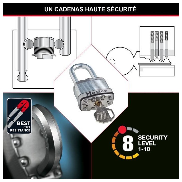 Cadenas Haute Sécurité - MASTER LOCK - M1EURDLFCC - A Clé - Acier Laminé - Extérieur - Anse M