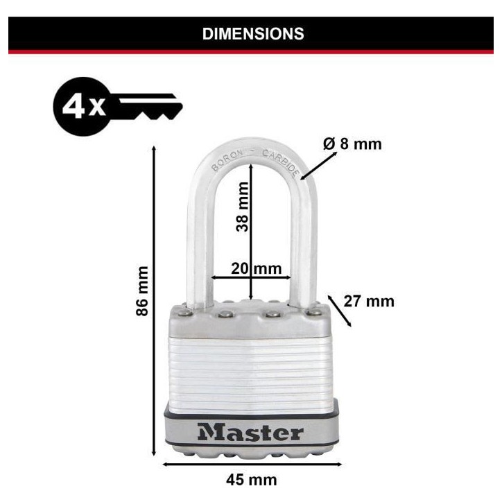 Cadenas Haute Sécurité - MASTER LOCK - M1EURDLFCC - A Clé - Acier Laminé - Extérieur - Anse M