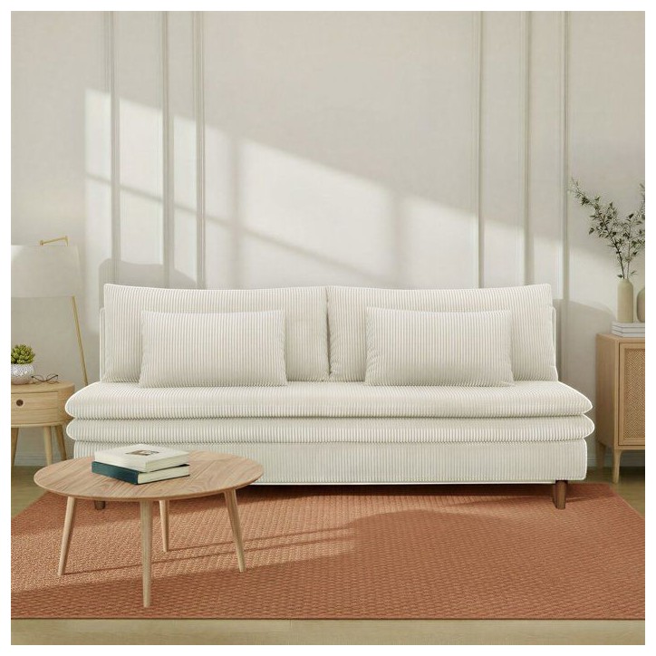 Canapé convertible - 3 places - MASSA - Tissu velours côtelé beige - Pieds bois massif - L 195 x H 82 x P 86 cm Canapé convertible - 3 places - MASSA - Tissu velours côtelé beige - Pieds bois massif - L 195 x H 82 x P 86 cm