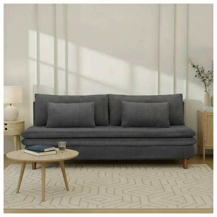 Canapé convertible - 3 places - MASSA - Tissu velours côtelé gris anthracite - Pieds bois massif - L 195 x H 82 x P 86 cm Canapé convertible - 3 places - MASSA - Tissu velours côtelé gris anthracite - Pieds bois massif - L 195 x H 82 x P 86 cm