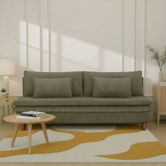 Canapé convertible - 3 places - MASSA - Tissu velours côtelé vert kaki - Pieds bois massif - L 195 x H 82 x P 86 cm
